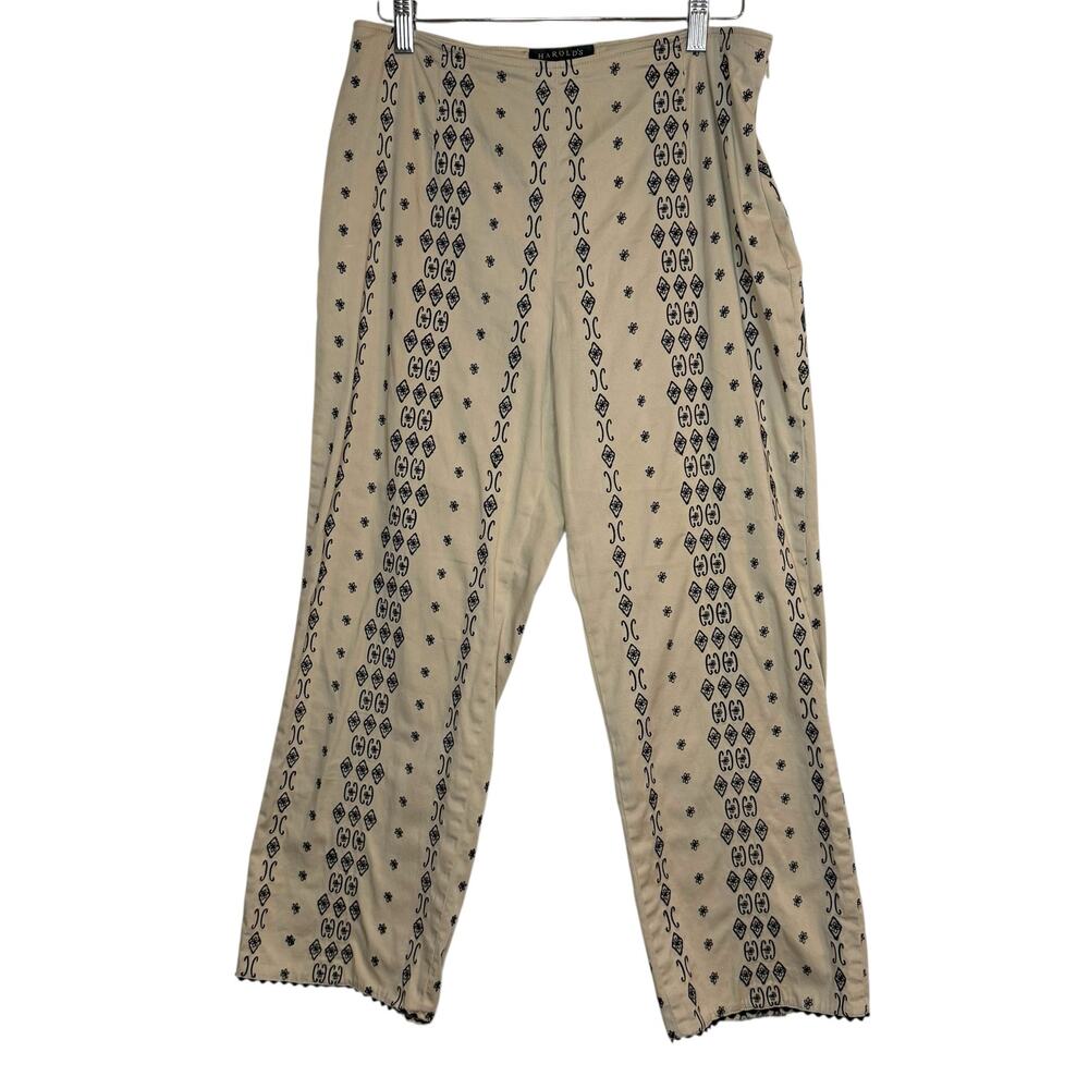Harold's tan cropped‎ pants with black embroidered print and trim - Women's 10